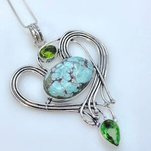 925 Silver Plated-Turquoise Peridot Ethnic Long Gemstone Pendant